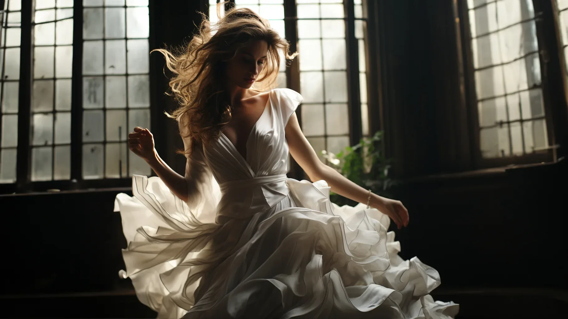A woman in a white dress dancing in a dark room. Budget for your wedding day Photography