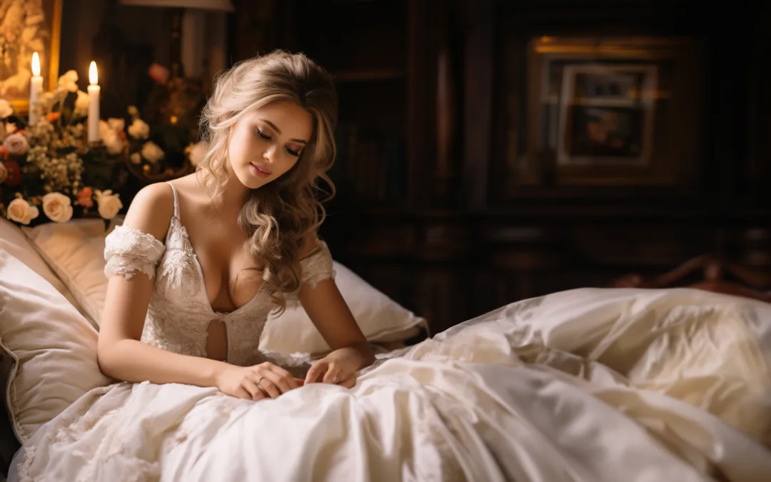 A beautiful woman in a wedding dress is sitting on a bed.at Wick farm Wedding Venue
