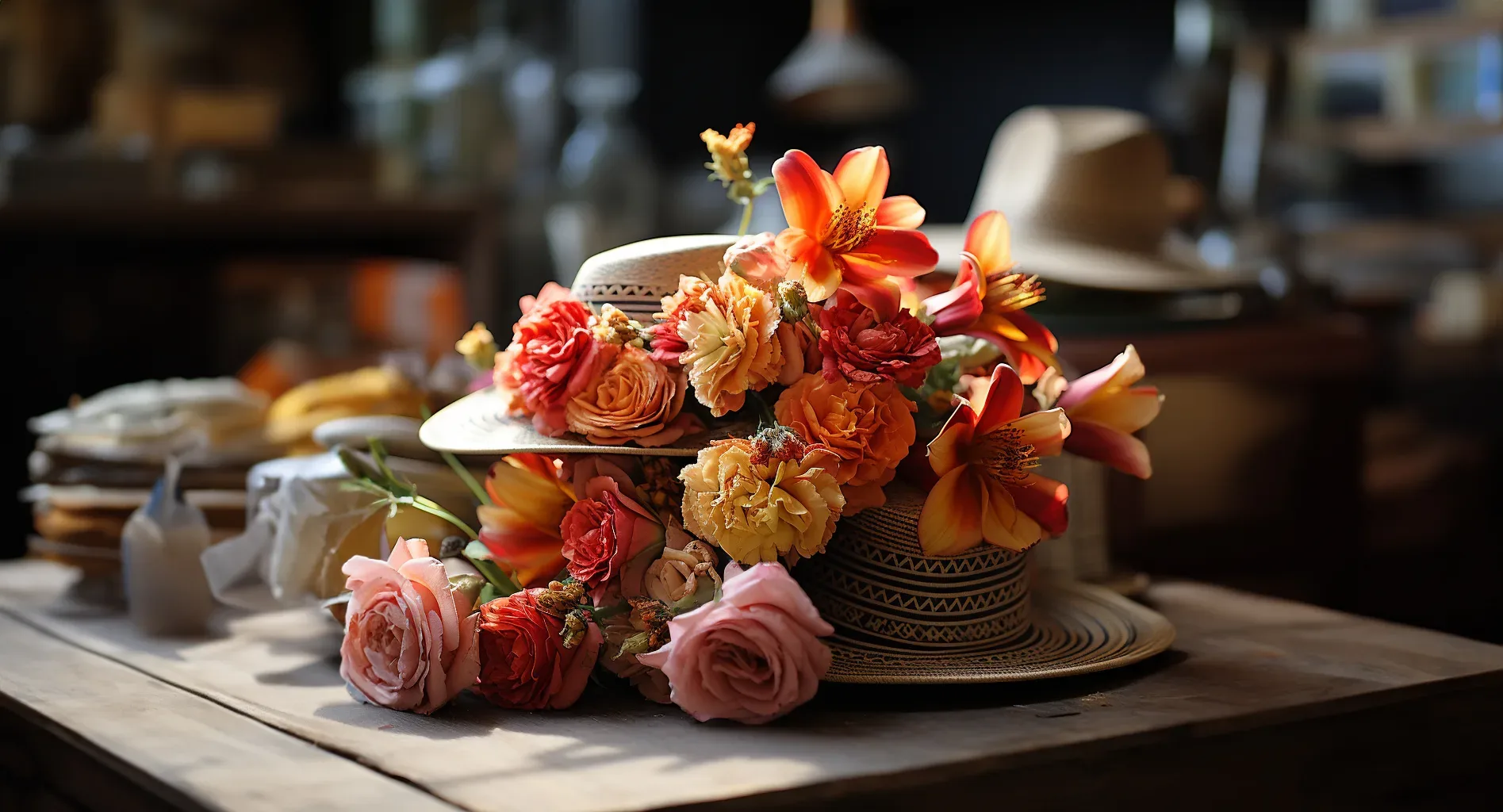 Hats and flowers on a wooden table.Wedding Budgets and costs