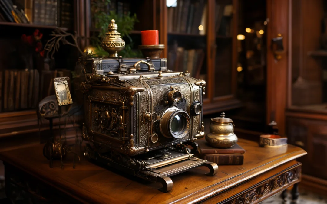 An old camera sitting on a table in a room. History of Wedding Photography. Tech savvy