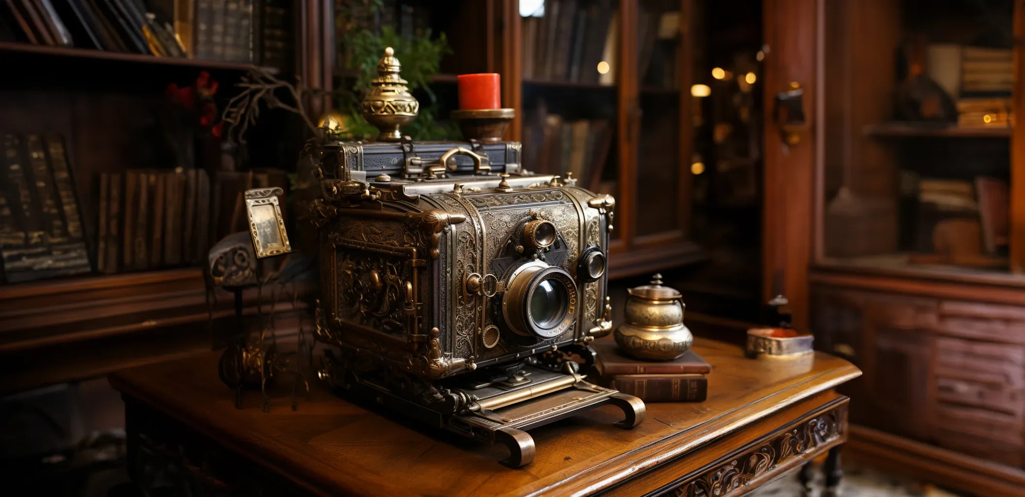 An old camera sitting on a table in a room. History of Wedding Photography