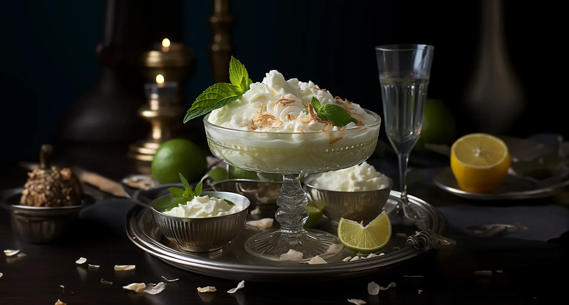 A dessert with whipped cream and lime on a silver plate. Food ideas for your wedding