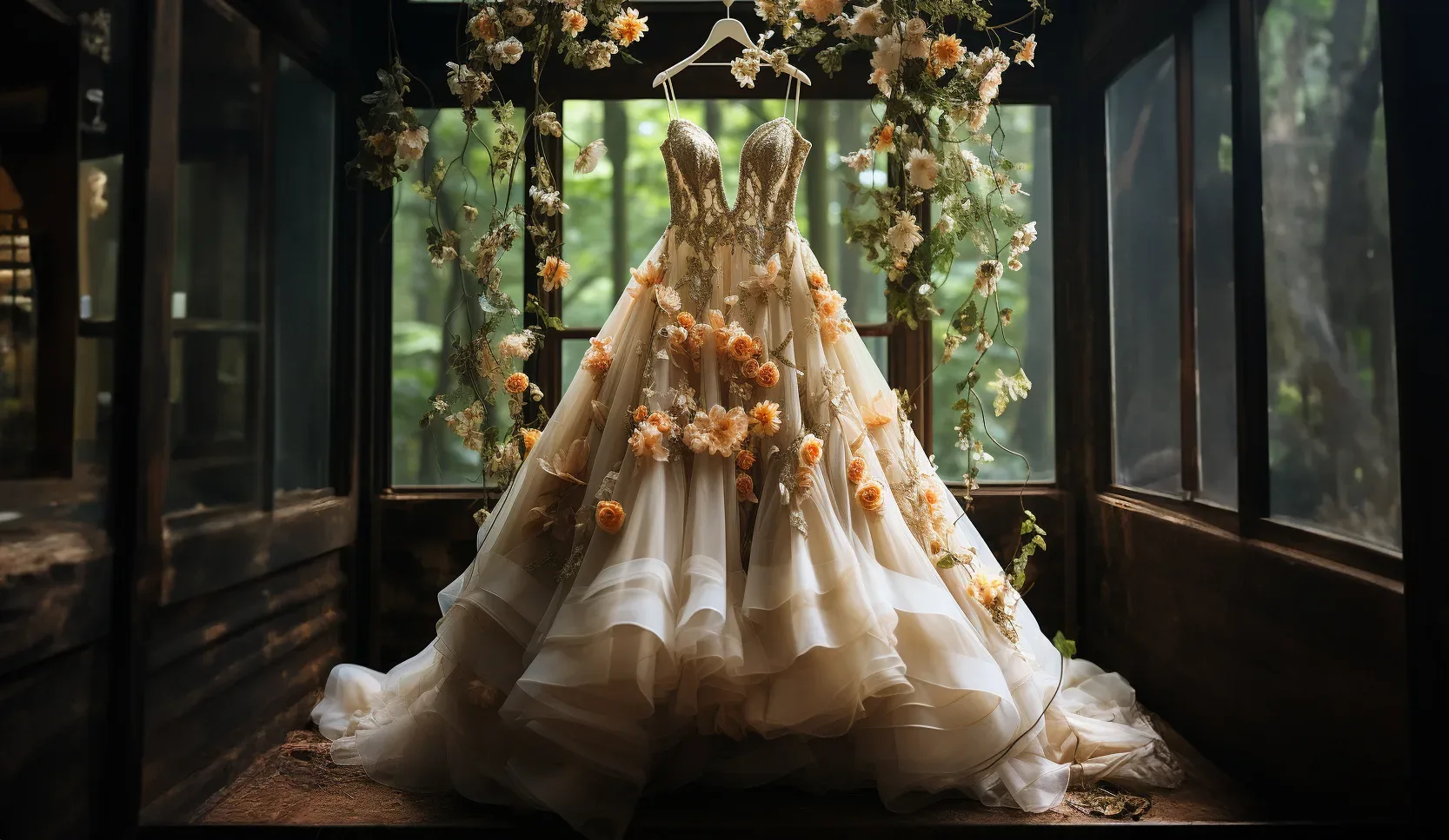 A wedding dress hangs in a room with flowers. Eco-Friendly Wedding
