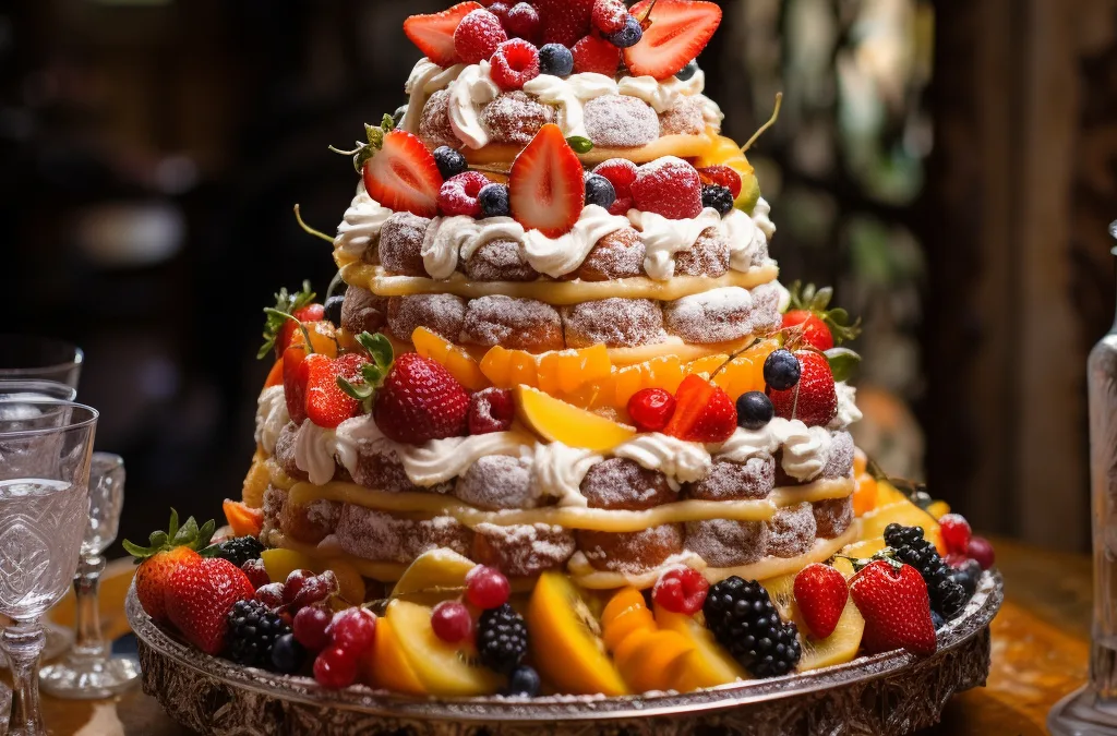 Orchardleigh Spanish Wedding: A tiered cake with fruit on top.