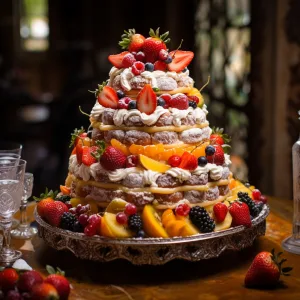Orchardleigh Spanish Wedding: A tiered cake with fruit on top.