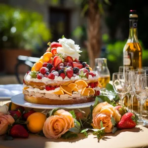 A cake is sitting on a table next to a glass of wine at Wick Farm Bath