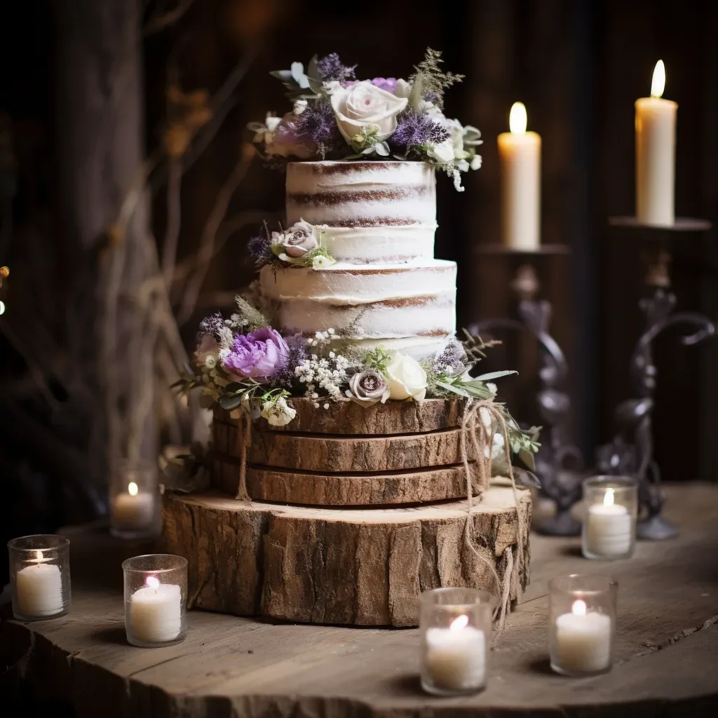 A wedding cake sits on top of a wooden stump at Orchardleigh House