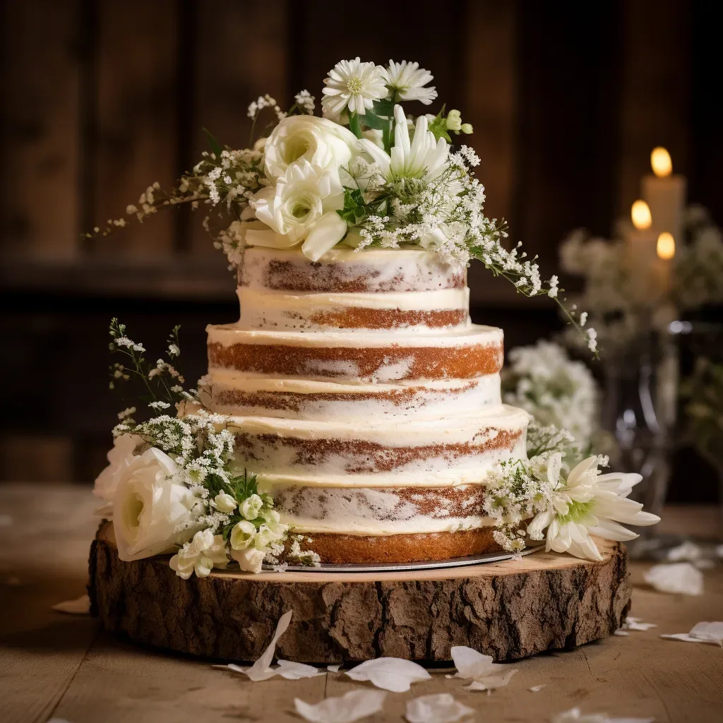 A wedding cake is sitting on top of a wooden stump at the Wonderful Wick farm Wedding Venue