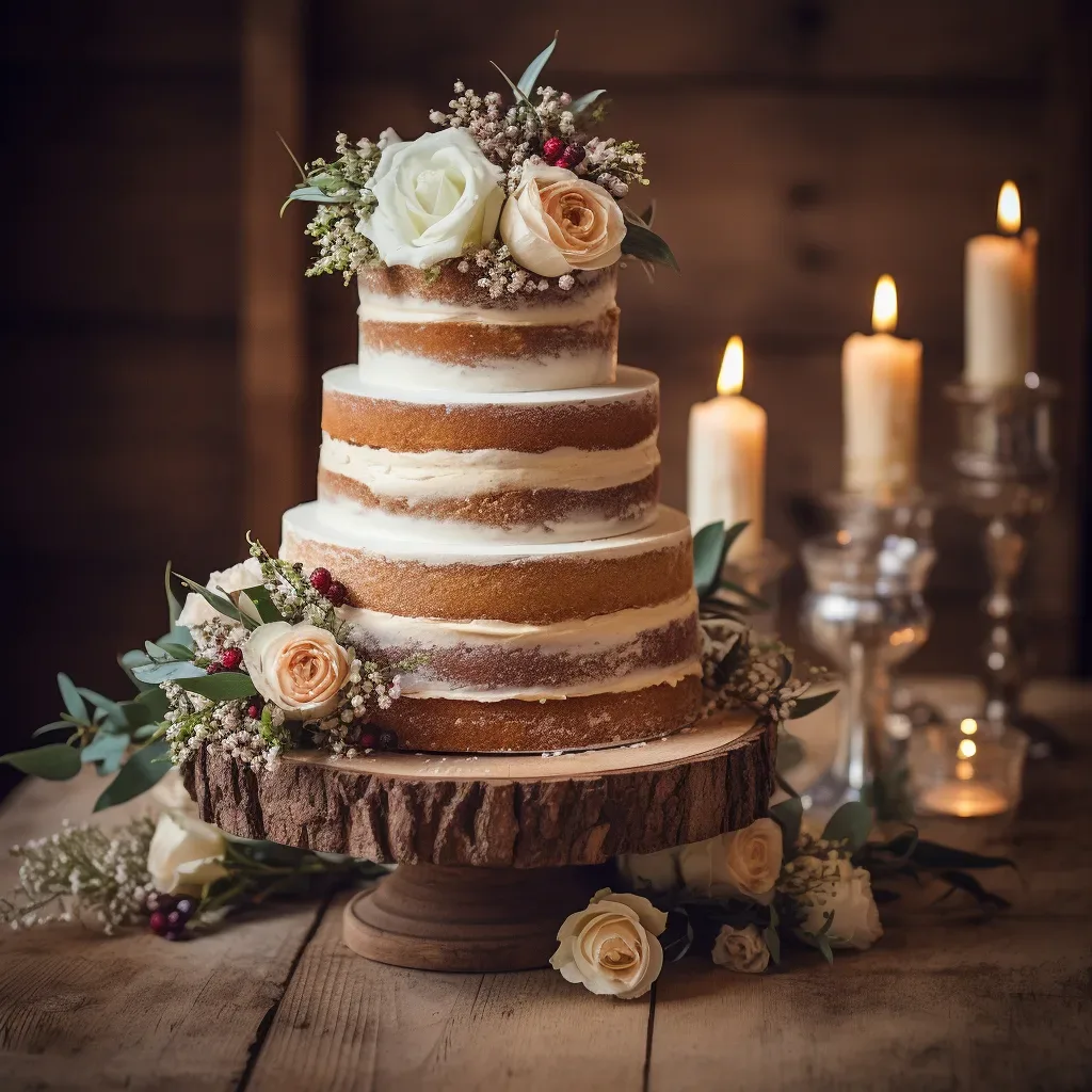 A wedding cake on a wooden table with candles at Elmhay Park Frome
