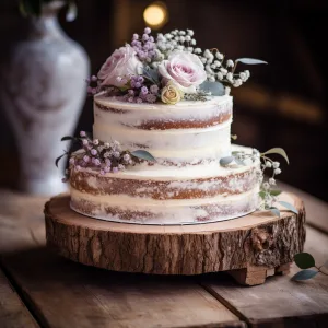 A wedding cake is sitting on top of a wooden stump at Prior Park in Bath
