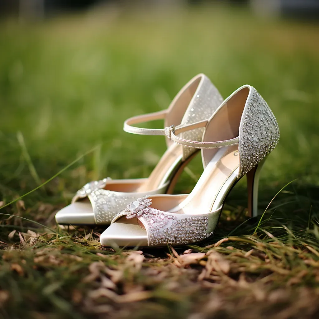A pair of white wedding shoes on the grass.