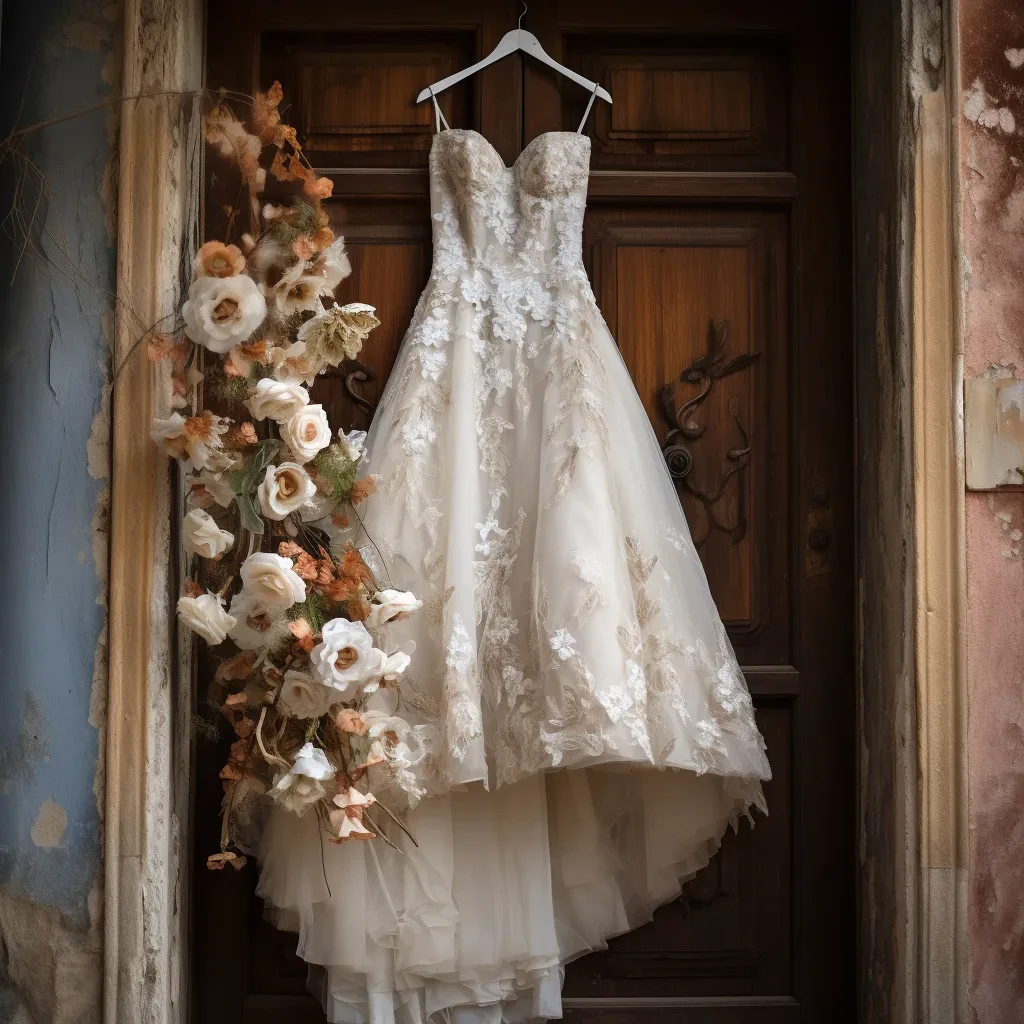 A wedding dress hangs on a wooden door at Orchardleigh. Photography Wedding Prices 