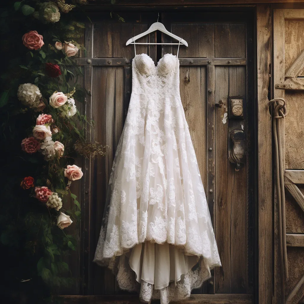A wedding dress hangs on a wooden door at Elmhay Park Frome