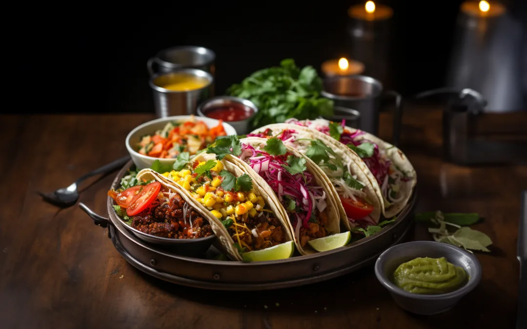 Mexican tacos on a wooden table with candles. Vegan Weddings