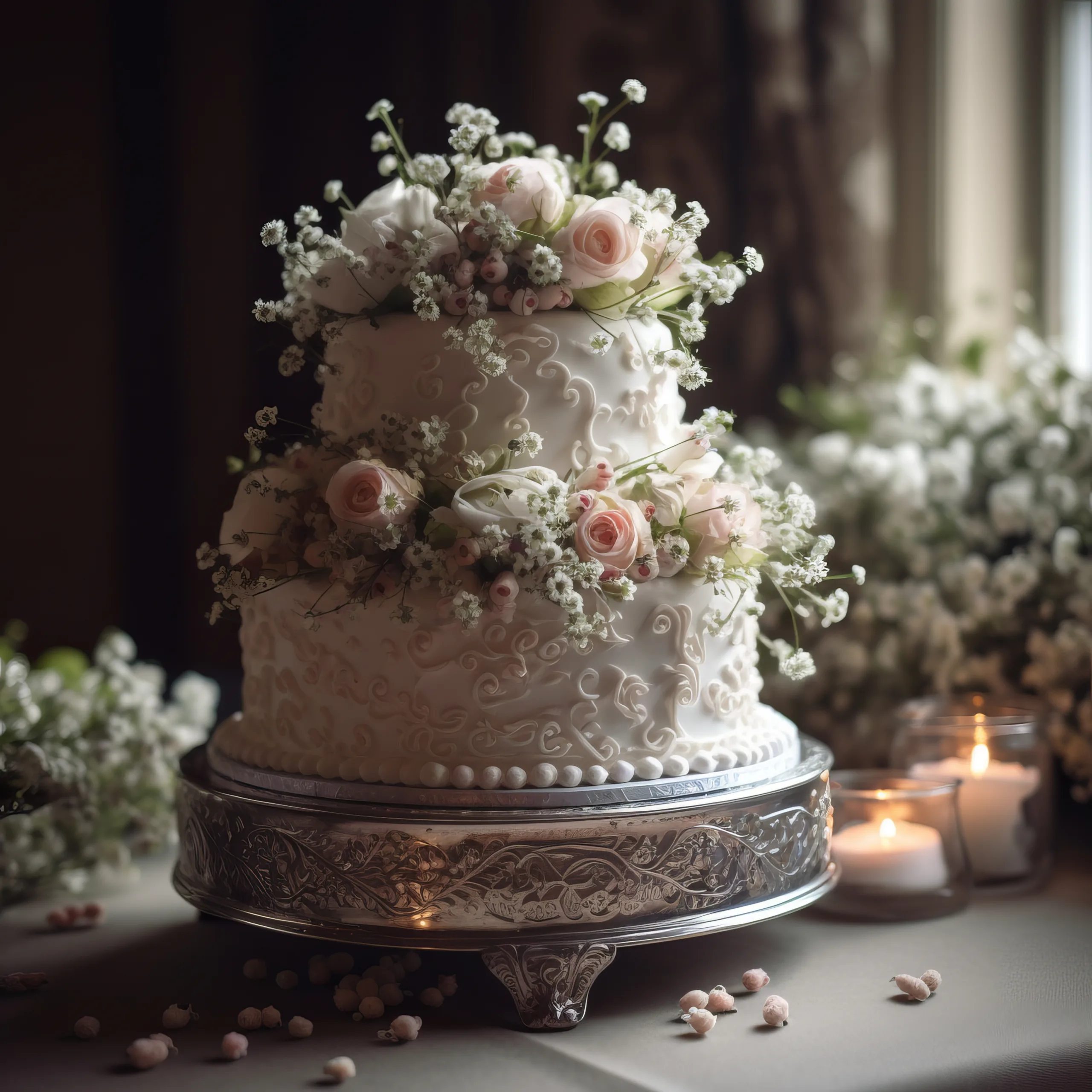 A white wedding cake with flowers on top at Wick farm Bath
