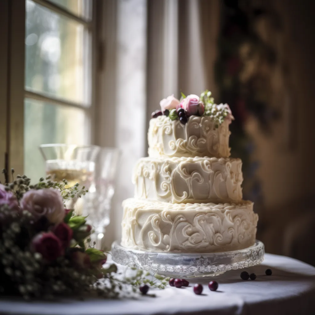 A wedding cake on a table in front of a window.Pennard House Wedding Photographers