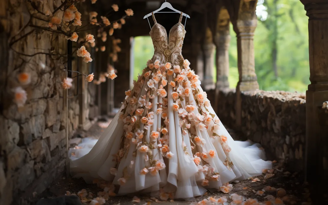 A wedding dress hangs in an archway with flowers on it. Eco Friendly Wedding Dress