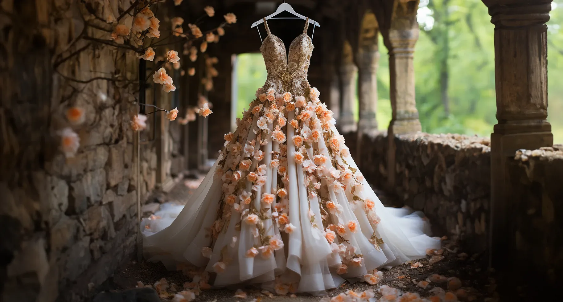 A wedding dress hangs in an archway with flowers on it. Eco Friendly Wedding Dress
