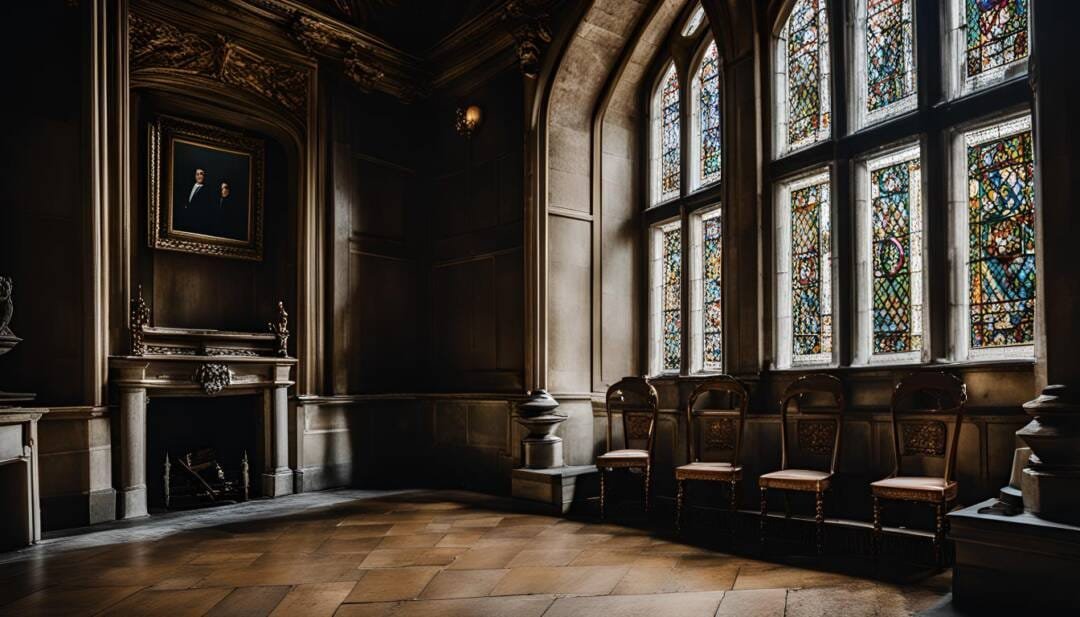 A dimly lit room with large stained glass windows, reminiscent of grand castles, features four ornate chairs, a fireplace, and a portrait above the mantel—a perfect backdrop for intimate wedding venues.