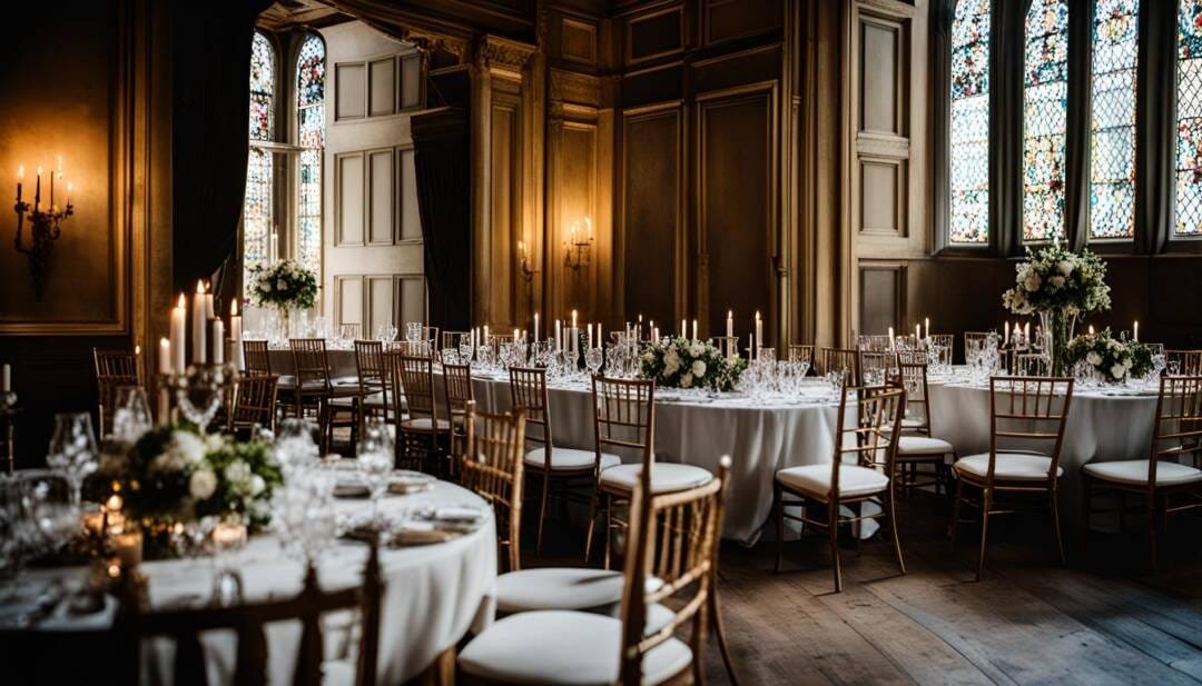 Elegant dining room set for an event with round tables, white tablecloths, flower centerpieces, and lit candles. The ambiance mirrors that of grand wedding venues, with stained glass windows and wooden paneling complementing the room's castle-like charm.