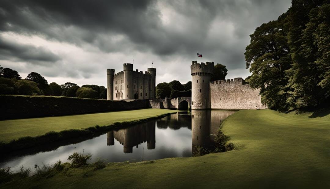 A medieval castle, popular as a wedding venue, stands majestically with a flag atop its tower. It is surrounded by a moat and lush green landscape under a cloudy sky, offering an enchanting backdrop for any fairytale ceremony.