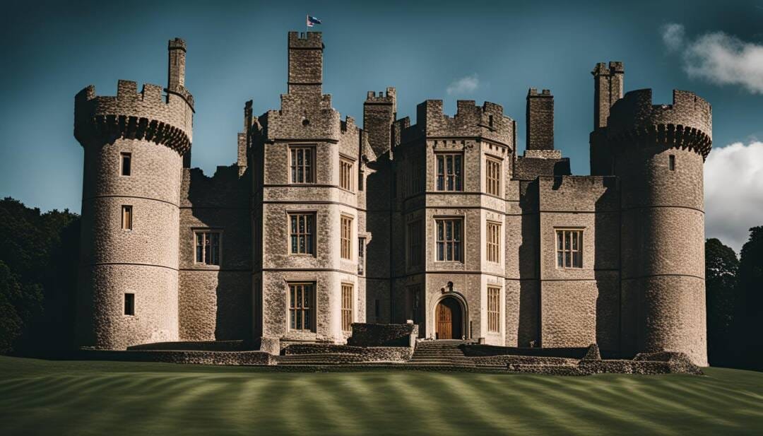 A large stone castle with round towers and crenellations, perfect for wedding venues, sits majestically on a grassy lawn under a cloudy sky.