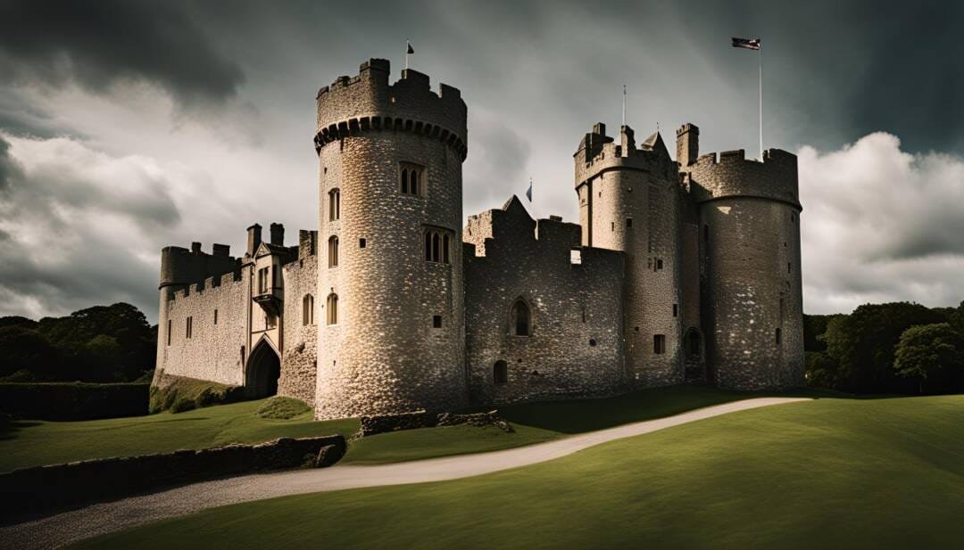 A majestic stone castle with large towers and battlements looms under a cloudy sky, offering an enchanting wedding venue. Surrounded by a serene green landscape and a winding path, it's the perfect blend of romance and history.