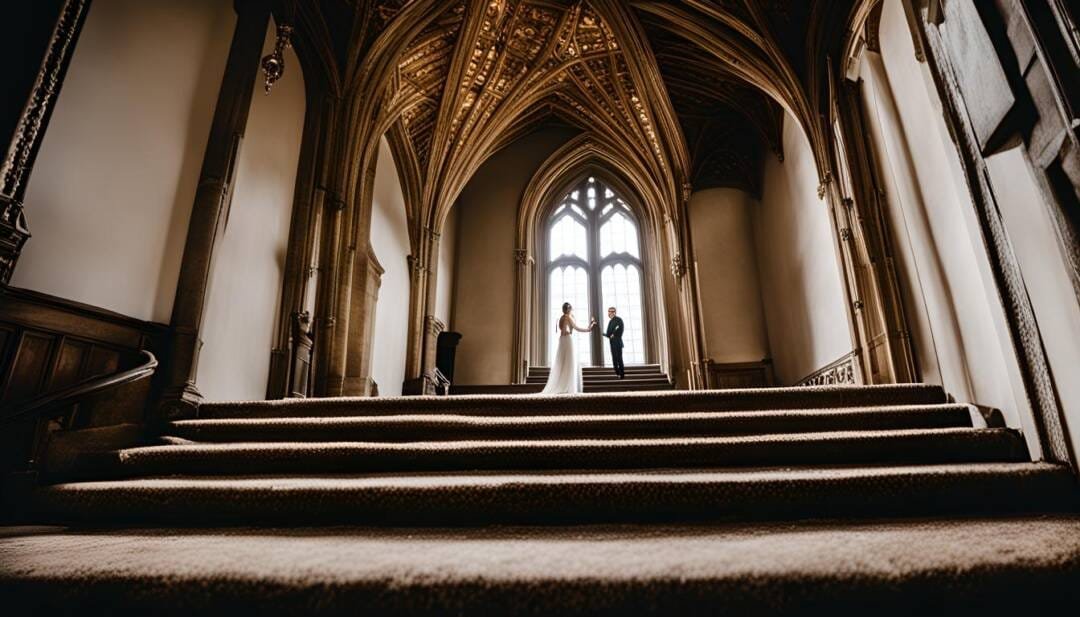 A couple stands at the top of an ornate staircase in a grand, gothic-style hall with arched windows and a vaulted ceiling, capturing the enchanting allure of wedding venues reminiscent of castles.