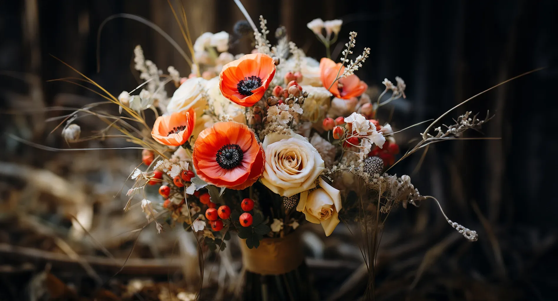 A bouquet of orange and white flowers on the ground.£2000.00 weddings. Flowers for your wedding. Unconventional; Weddings